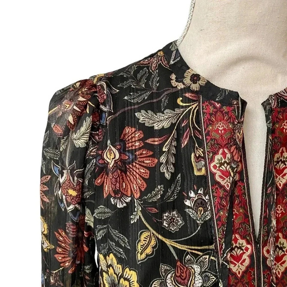 Frye & Co Floral Metallic Chiffon Boho Blouse Split Tie Neck NWT XS - Picture 2 of 13